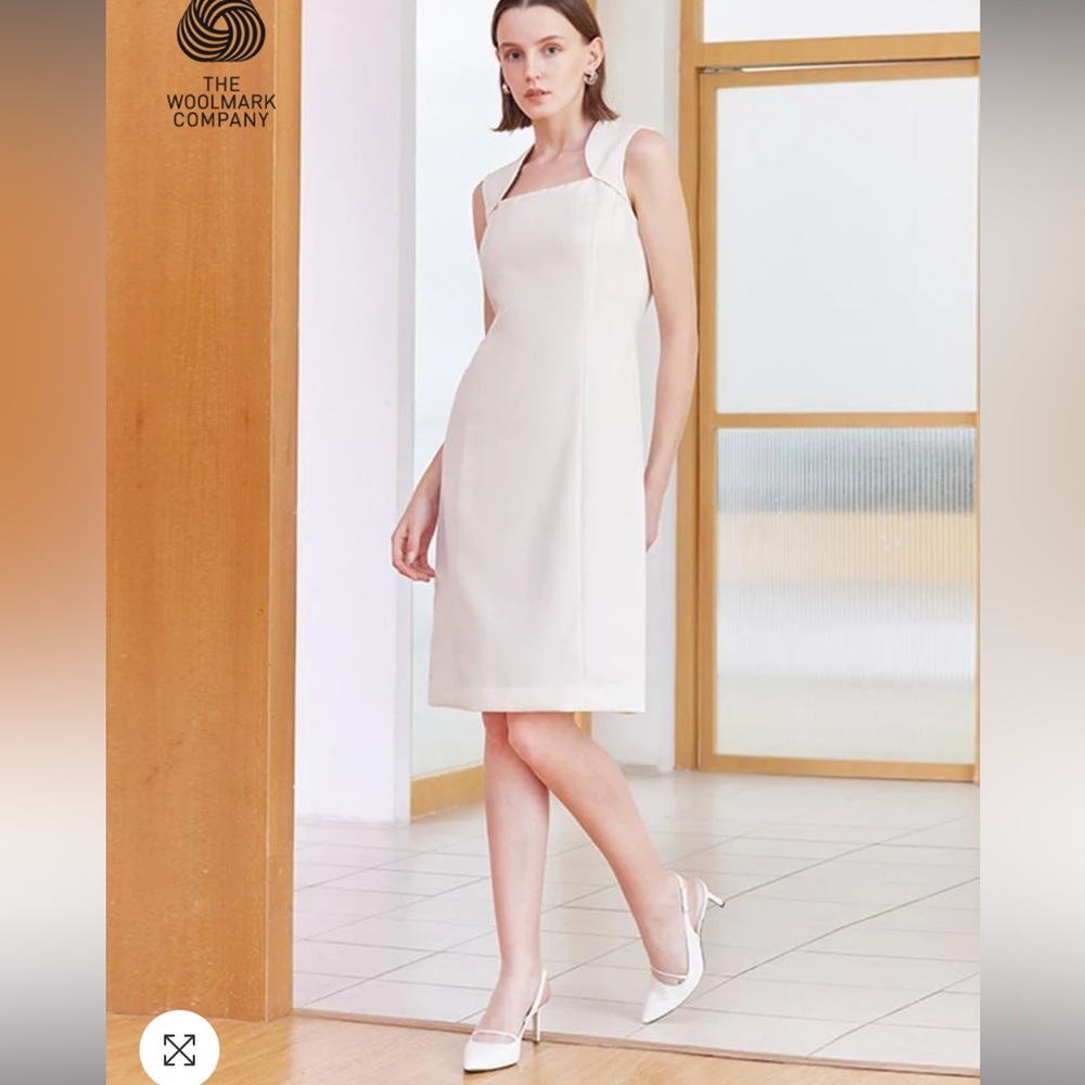 NWT Goelia White Slim Midi Tailored Wool Dress